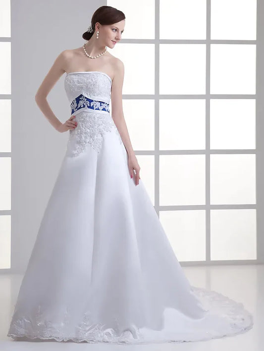 A-Line Wedding Dresses Strapless Court Train Lace Satin Strapless with Sashes Ribbons Beading Appliques