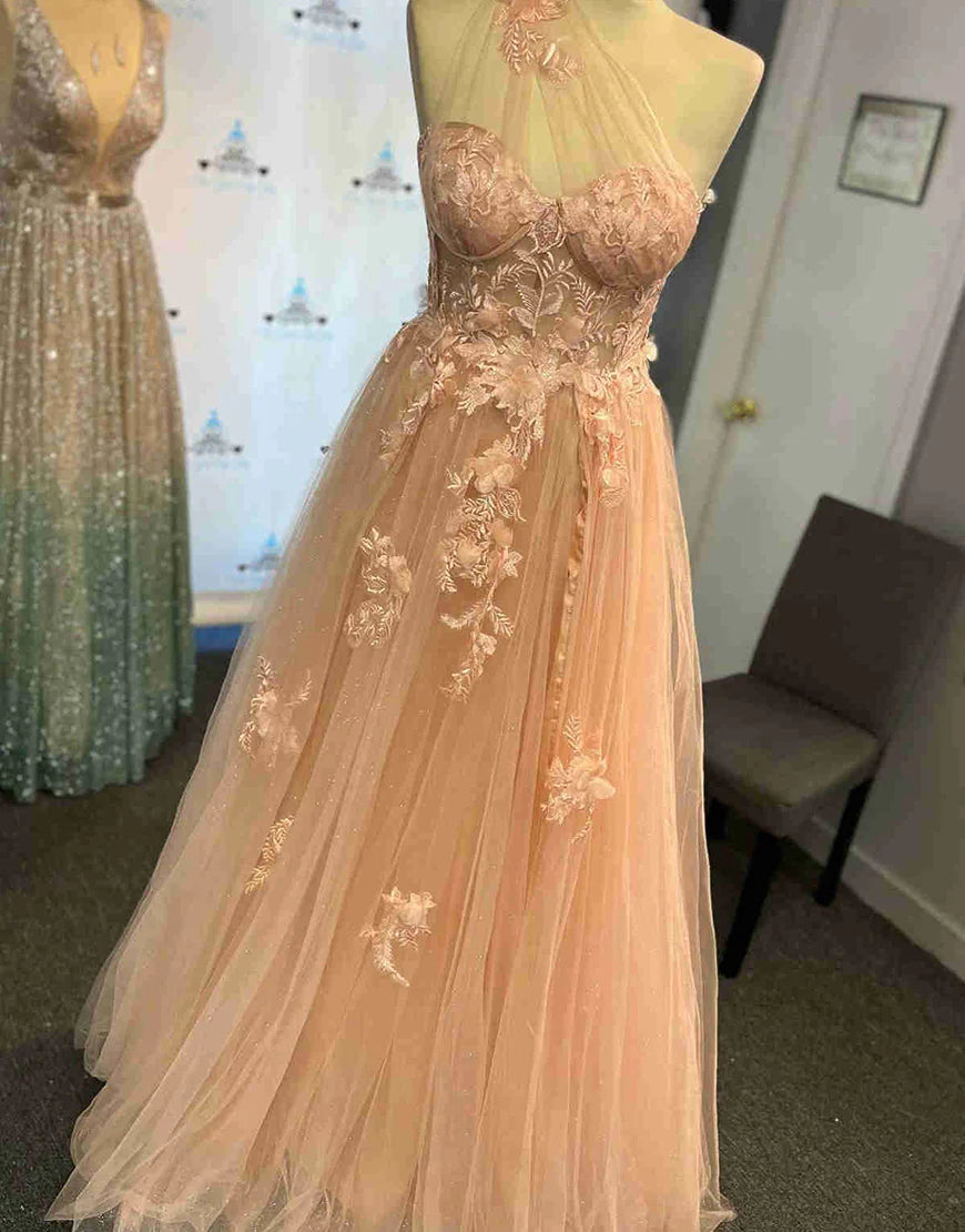 A Line One Shoulder Sweetheart Tulle Prom Dresses with Appliques