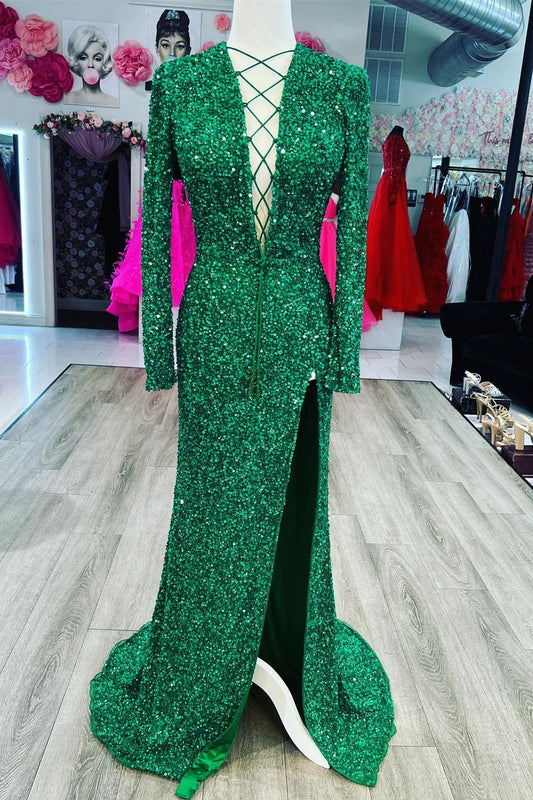 Sheath Mermaid Lace-Up Sweep/Brush Train Dresses Neck Long Sleeves Shine Sequins Prom Dress with Slit