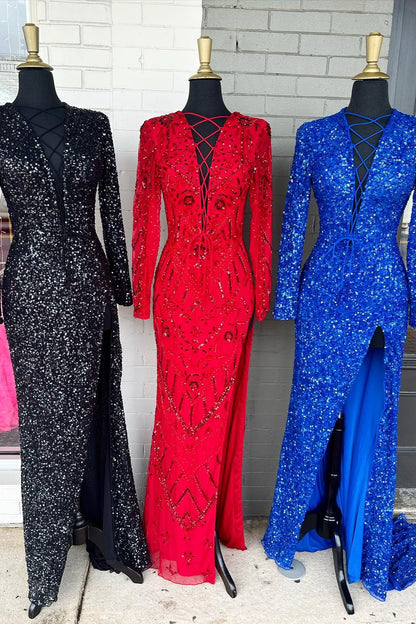 Sheath Mermaid Lace-Up Sweep/Brush Train Dresses Neck Long Sleeves Shine Sequins Prom Dress with Slit