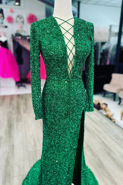 Sheath Mermaid Lace-Up Sweep/Brush Train Dresses Neck Long Sleeves Shine Sequins Prom Dress with Slit
