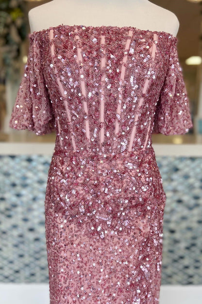 Sheath Column Off-the-Shoulder Sweep/Brush Train Dresses Beaded Sequins Long Prom Dress