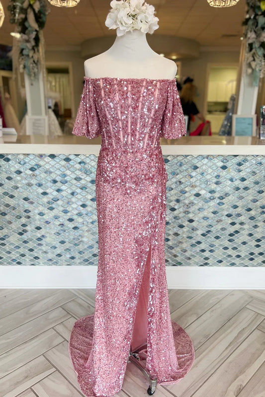 Sheath Column Off-the-Shoulder Sweep/Brush Train Dresses Beaded Sequins Long Prom Dress