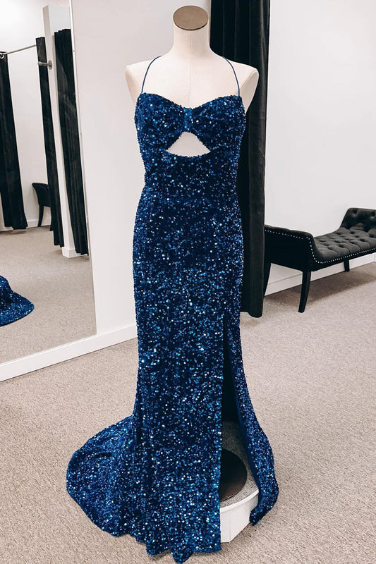 Sheath Mermaid Spaghetti Straps  Sweep/Brush Train Dresses Cut-Out Sequins Long Prom Dress