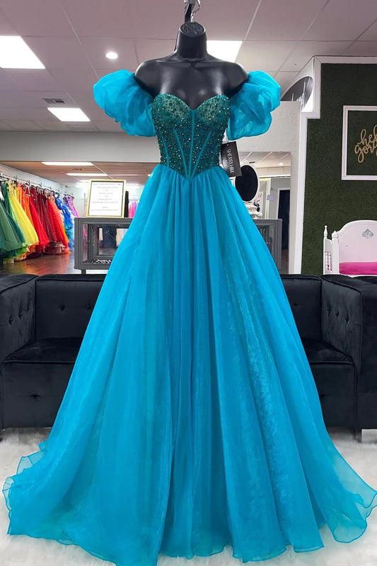 A-line   Sweep/Brush Train Dresses Puff Off-the-Shoulder Beaded Long Prom Dress