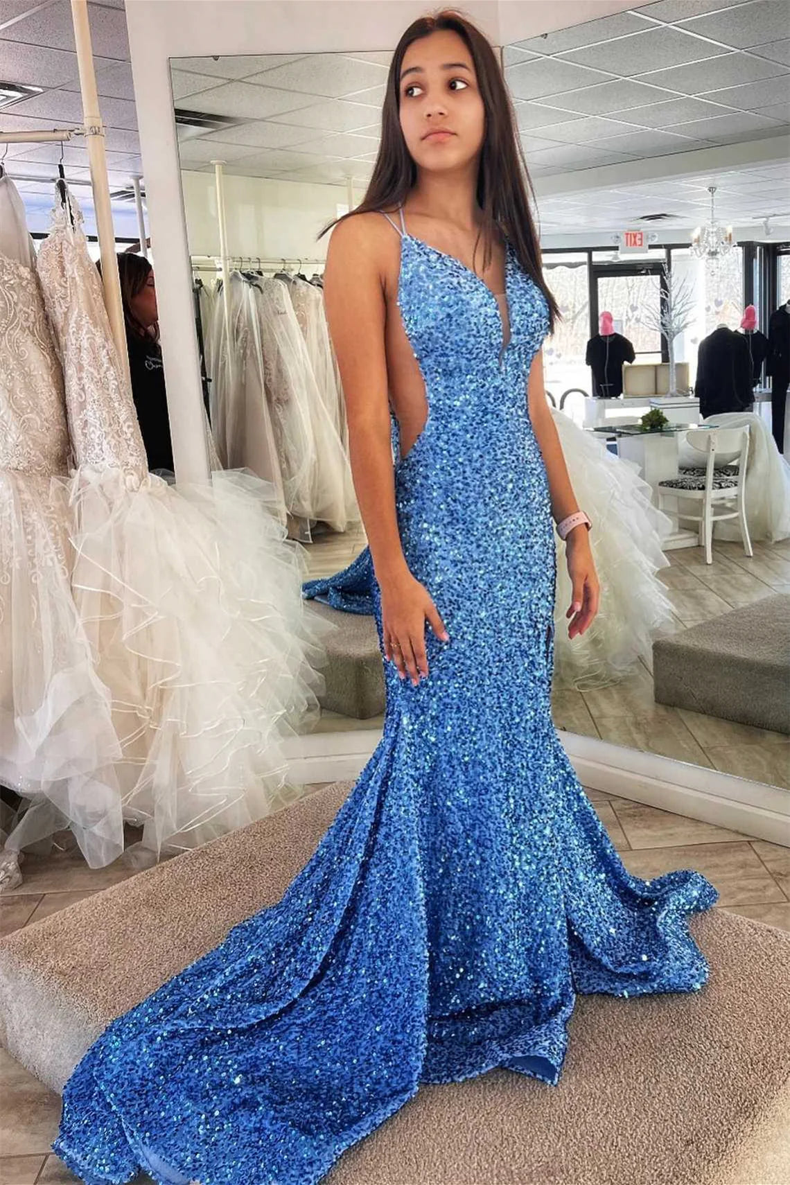 Sheath Mermaid Double Spaghetti Straps Lace-Up Back Glitter Sparking Sequins Long Prom Dress with Slit