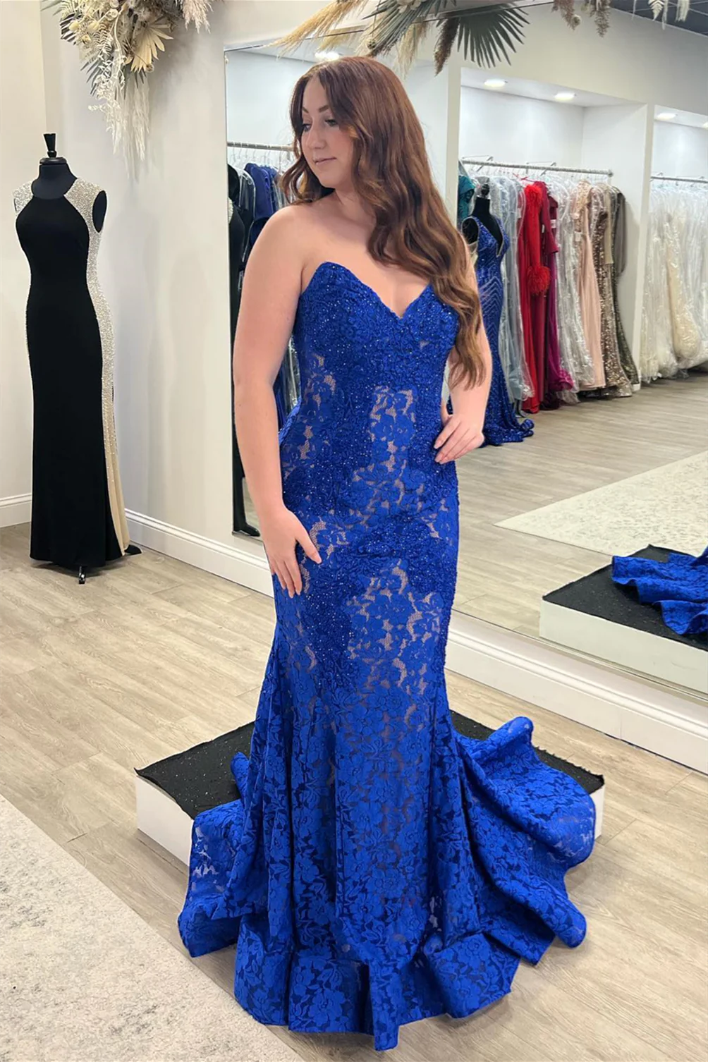 Sheath Royal Blue Lace Sweep/Brush Train Dresses Strapless Beaded Mermaid Long Prom Dress