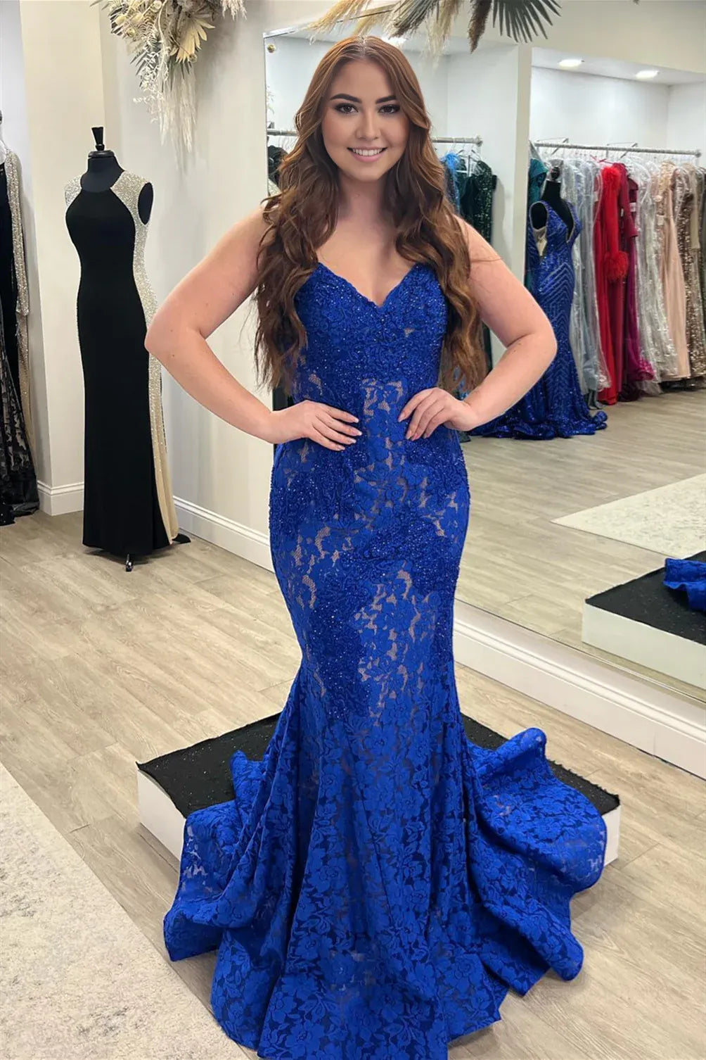 Sheath Royal Blue Lace Sweep/Brush Train Dresses Strapless Beaded Mermaid Long Prom Dress
