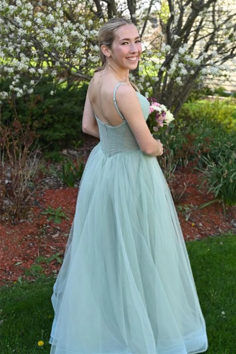Floor Length  Tulle Plunging Spaghetti Straps V Neck Long Prom Dress