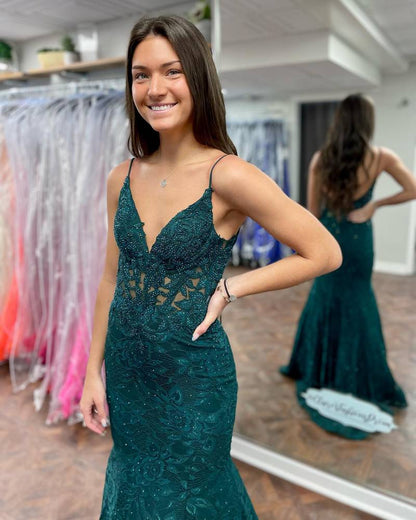 Sheath Mermaid Plunging Sweep/Brush Train Dresses V Neck Straps Lace Long Prom Dress with Slit