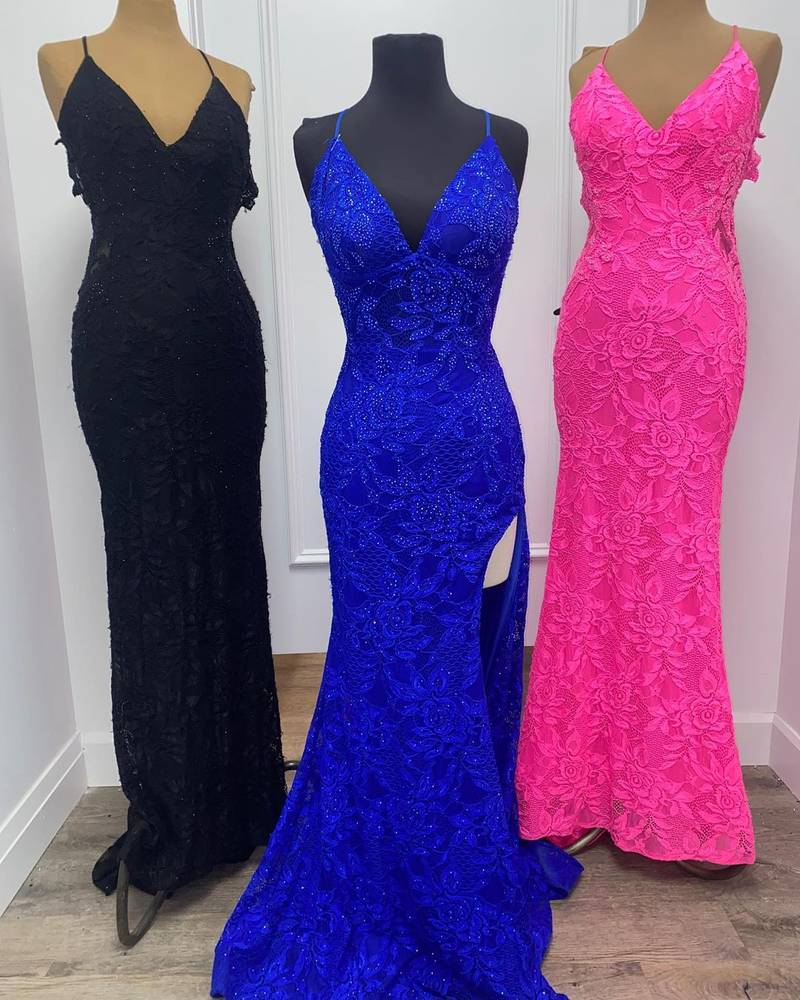 Sheath Mermaid Plunging Sweep/Brush Train Dresses V Neck Straps Lace Long Prom Dress with Slit