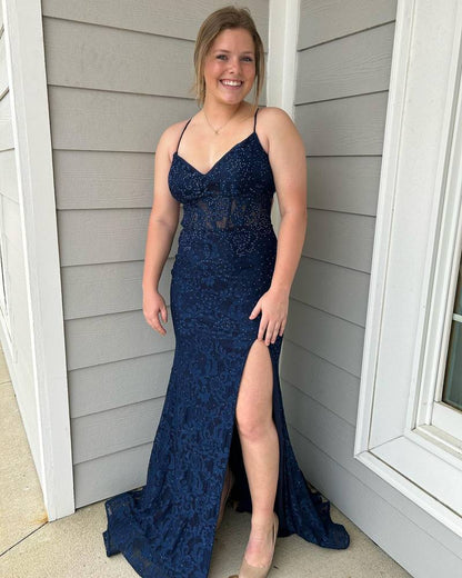 Sheath Mermaid Plunging Sweep/Brush Train Dresses V Neck Straps Lace Long Prom Dress with Slit