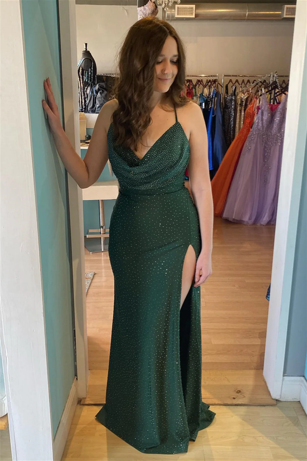Sweep/Brush Train Dresses Hunter Green Cowl Neck Open Back Lace-Up Long Prom Dress with Rhinestones