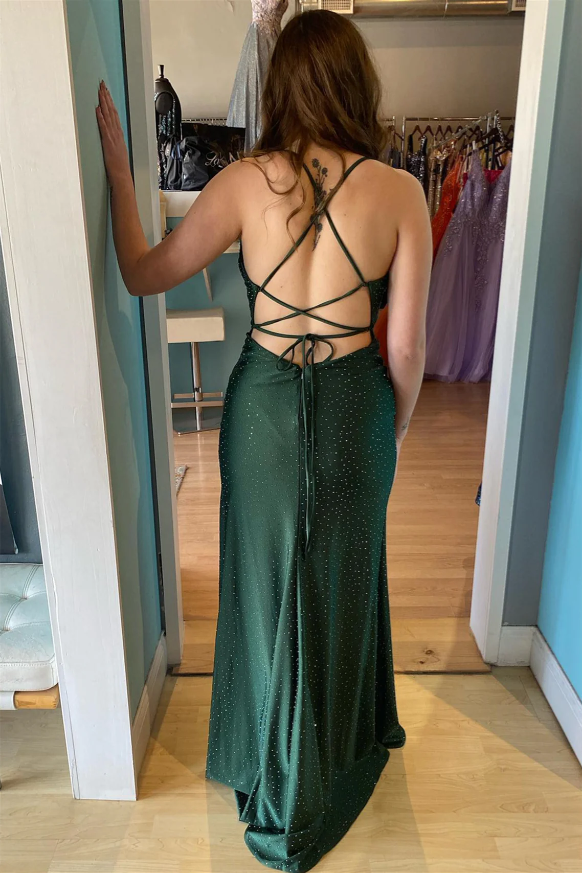 Sweep/Brush Train Dresses Hunter Green Cowl Neck Open Back Lace-Up Long Prom Dress with Rhinestones