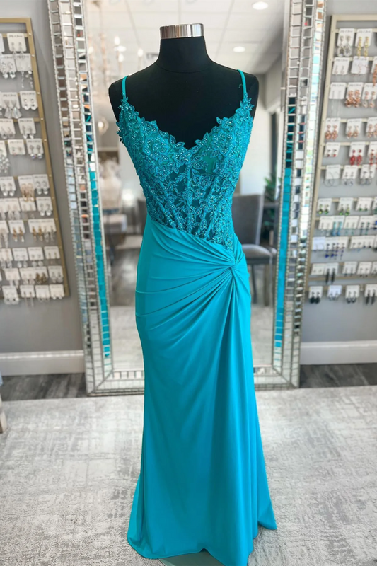 Sheath  Mermaid Appliques Straps Twist Knot Satin Long Prom Dress