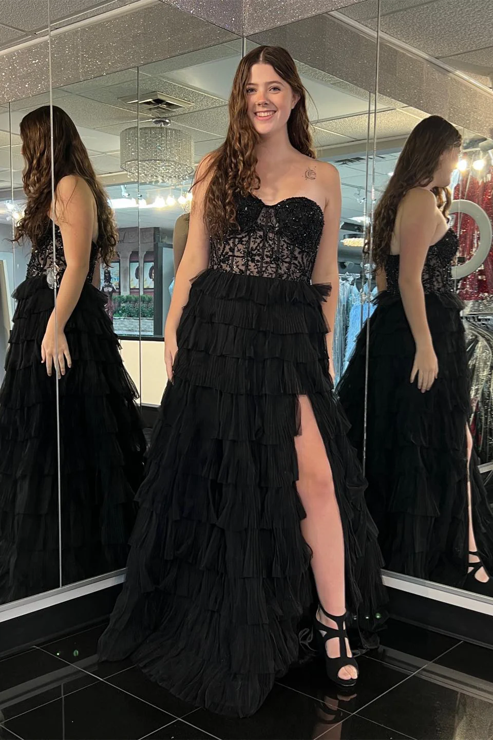 Sweep/Brush Train Dresses Black Tulle Strapless Beaded Multi-Layers Long Prom Dress with Slit