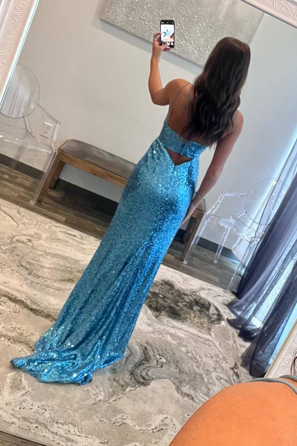 Sweep/Brush Train Dresses Double Straps Light Blue Cut out Sequin Long Prom Dress