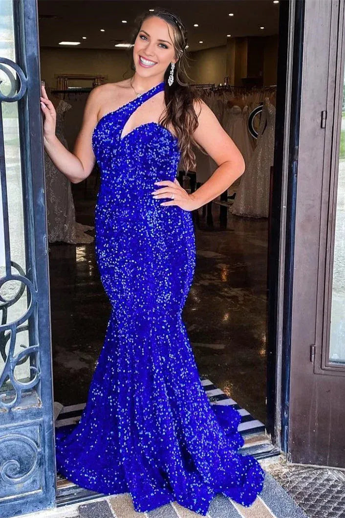 Sheath Mermaid One Shoulder Sweep/Brush Train Dresses Royal Blue Sequin Prom Dress