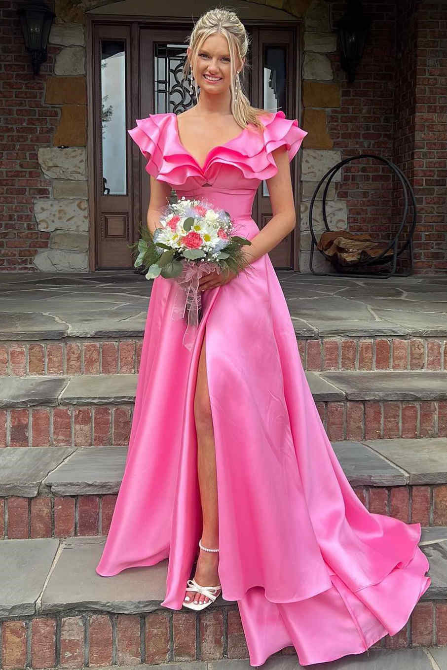 A-Line Sweep/Brush Train Dresses Hot Pink V-Neck Ruffle Long Prom Dress