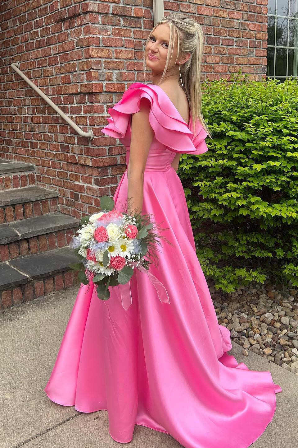 A-Line Sweep/Brush Train Dresses Hot Pink V-Neck Ruffle Long Prom Dress