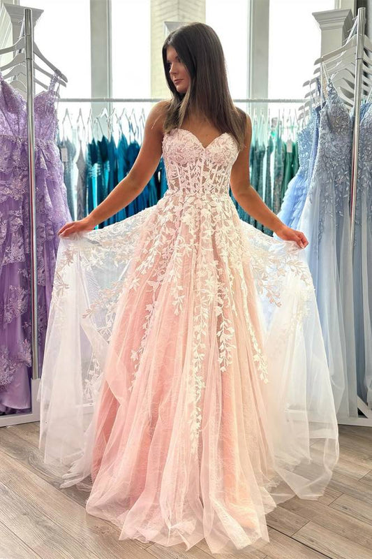 A-Line Sweetheart Red Royal Blue Lavender Lace Corset Long Prom Dress With Appliques