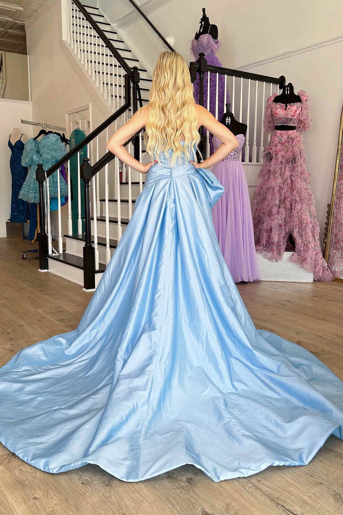 A-Line Strapless Sweep/Brush Train Dresses Light Blue Satin Long Prom Dress with Bow