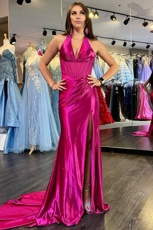 Sheath  Mermaid Halter Sweep/Brush Train Dresses Ruched Long Prom Dress with Slit