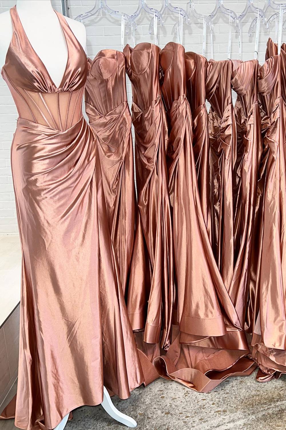 Sheath  Mermaid Halter Sweep/Brush Train Dresses Ruched Long Prom Dress with Slit