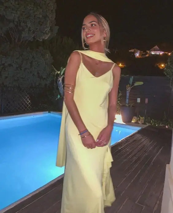 Fashion Yellow Spaghetti Straps V-neck Prom Dress Elegant Evening Party Dress Formal Dress