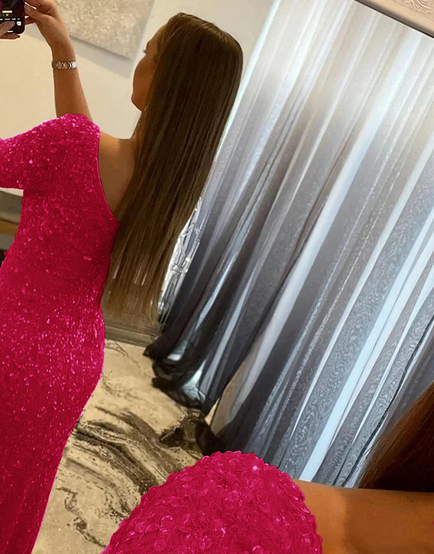 Sheath One Shoulder Sequins Prom Dress With Slit