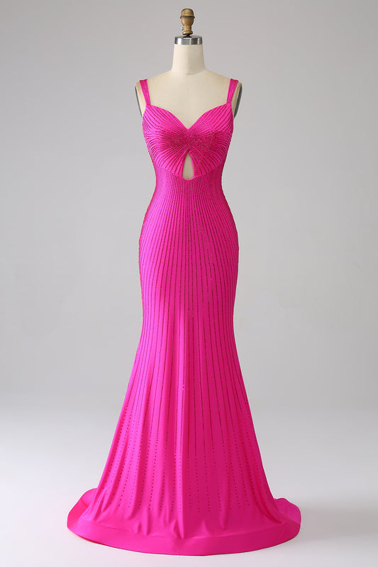 Sparkly Mermaid Hot Pink Prom Dress with Hollow-out Sexy