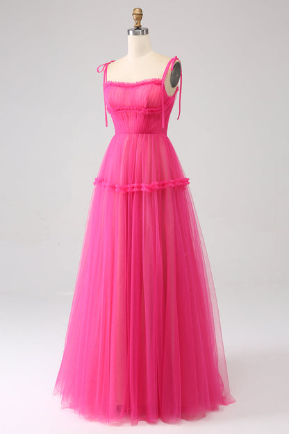 Fuchsia A-Line Ruffled Long Tulle Prom Dress Beautiful
