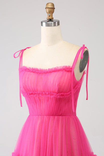 Fuchsia A-Line Ruffled Long Tulle Prom Dress Beautiful