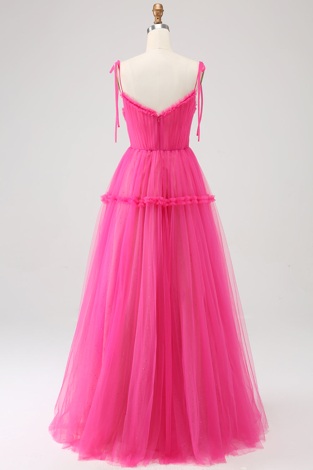 Fuchsia A-Line Ruffled Long Tulle Prom Dress Beautiful