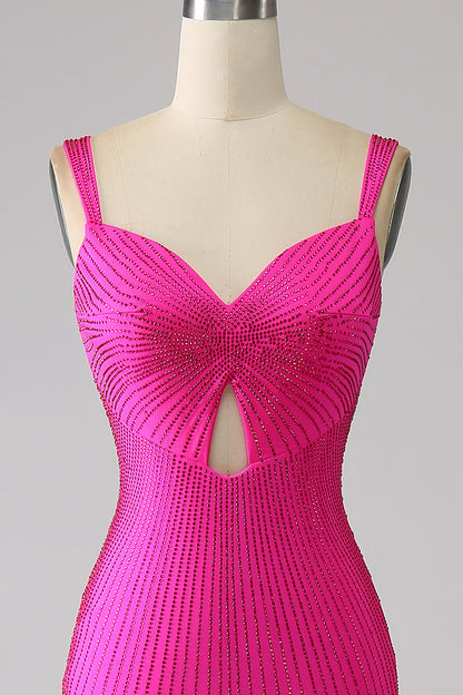 Sparkly Mermaid Hot Pink Prom Dress with Hollow-out Sexy