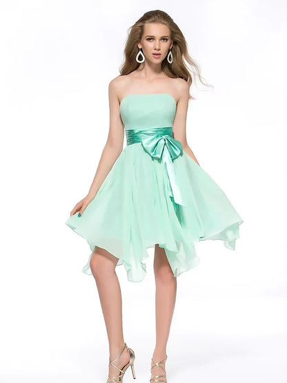 A-Line Minimalist Elegant Engagement Cocktail Party Dress Strapless Sleeveless Asymmetrical Knee Length Chiffon with Sash Ribbon Bow