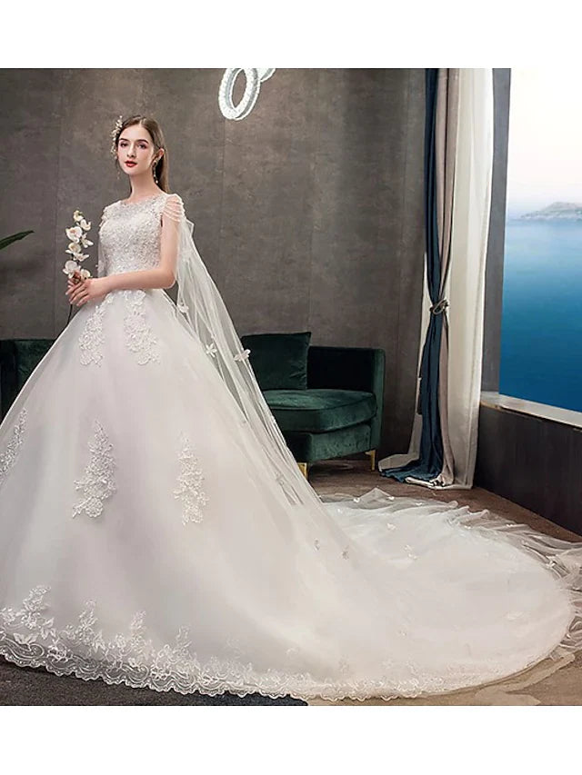 Princess Ball Gown Wedding Dresses Jewel Neck Chapel Train Lace Tulle Sleeveless Floor Length  Formal Luxurious with Appliques