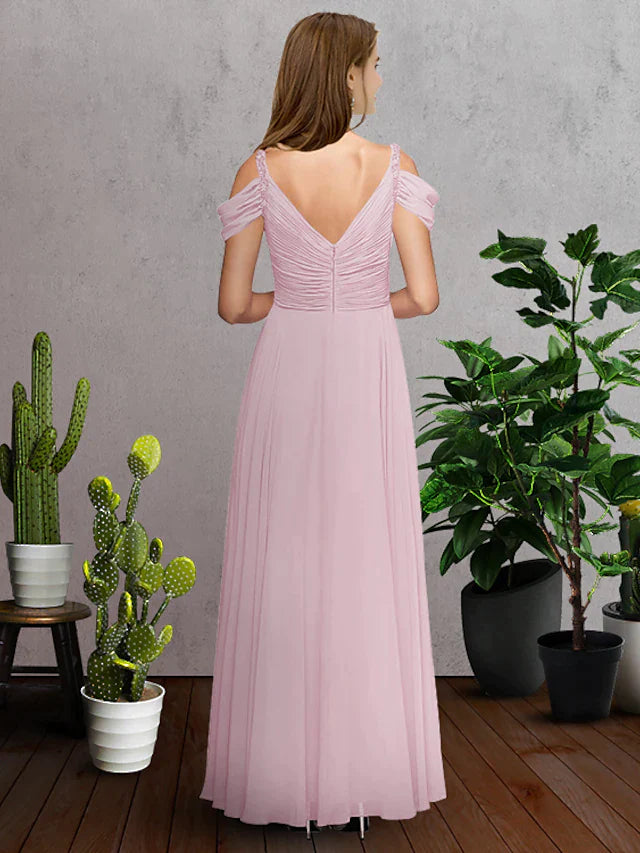 A-Line V Neck Spaghetti Strap Floor Length Chiffon Bridesmaid Dress with Pleats Ruching