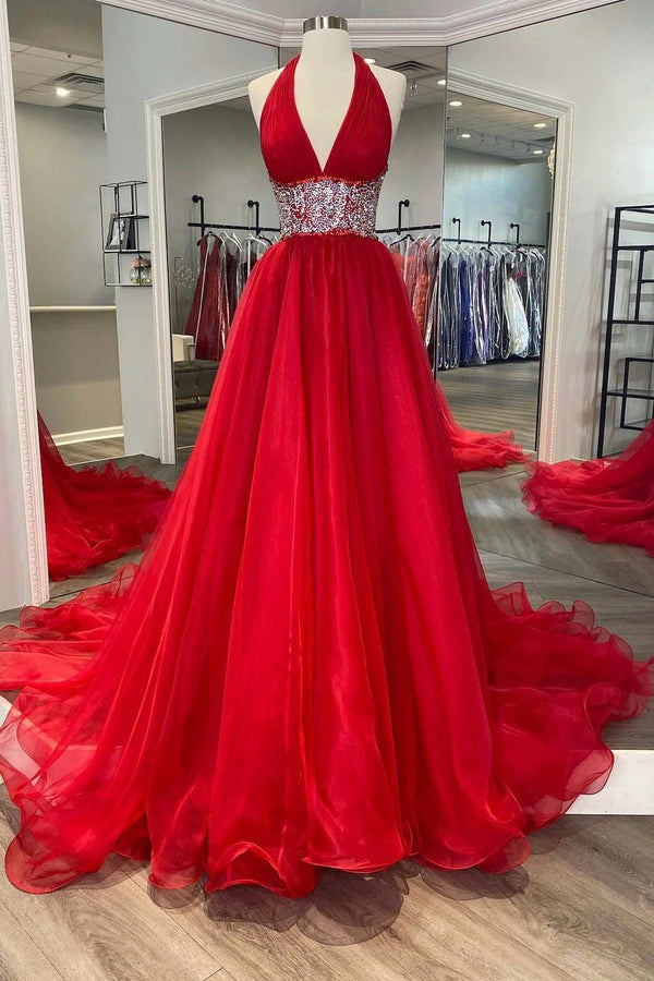 Red Beaded Halter Backless A-Line Long Prom Gown V-neck Prom Dress