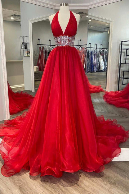 Red Beaded Halter Backless A-Line Long Prom Gown V-neck Prom Dress