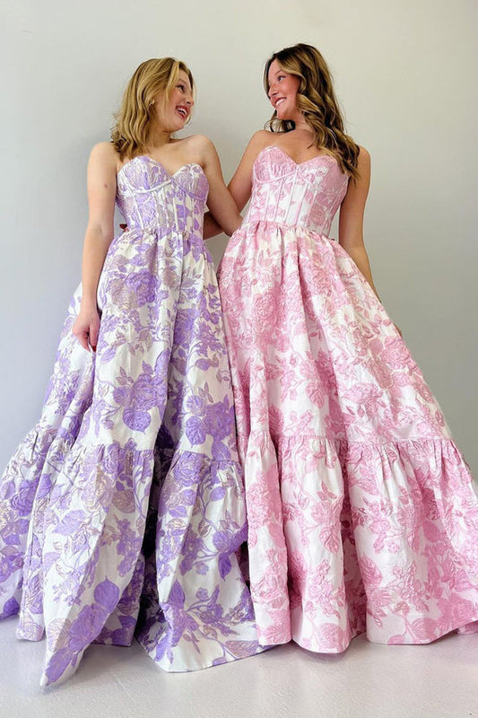 A-Line Sweetheart Floral Printed Long Prom Dresses Off Shoulder Beautiful