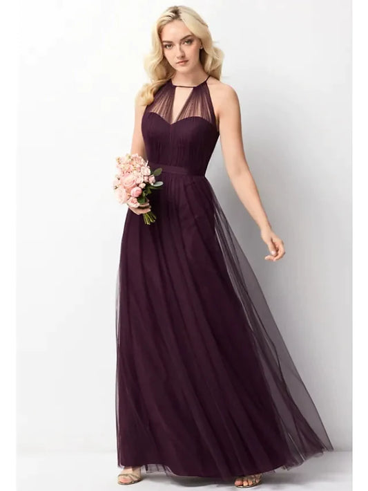 A-Line Halter Neck Floor Length Chiffon Tulle Bridesmaid Dress