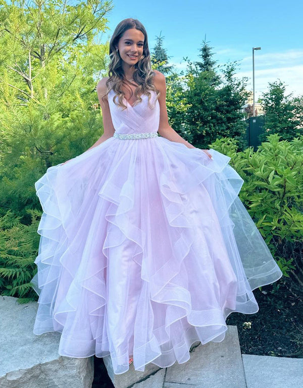A-Line V-Neck Ruffled Tulle Prom Dress With Belt Floor Length Beautiful