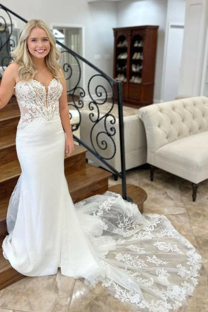 Lace White Strapless Appliques Mermaid Long Wedding Dress Off Shoulder Beautiful