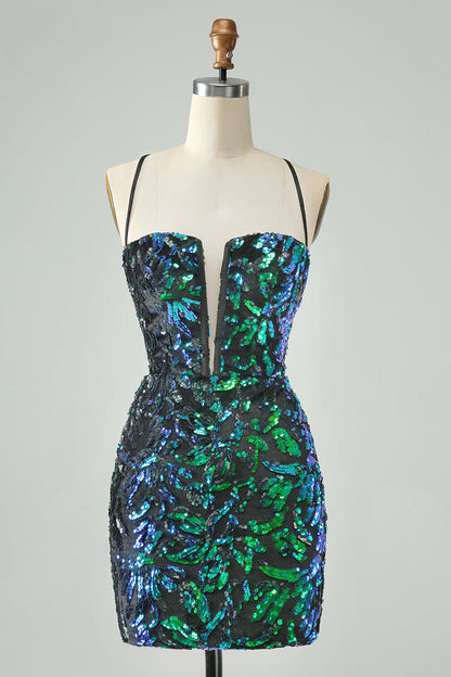 Pretty Fuchsia Black Bodycon Sparkly Sequin Short Homecoming Dress Sexy