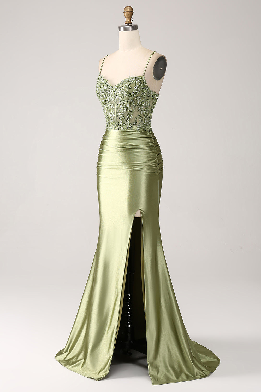 Mermaid Sage Spaghetti Straps Lace-up Back Prom Dress With Slit Sexy Beautiful