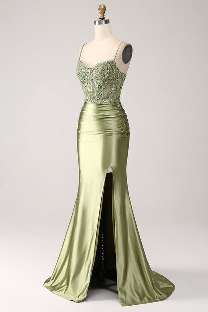 Mermaid Sage Spaghetti Straps Lace-up Back Prom Dress With Slit Sexy Beautiful