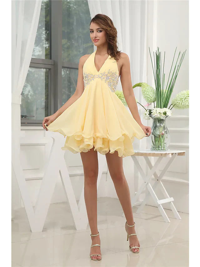 A-Line Elegant Party Wear Wedding Guest Cocktail Party Dress Halter Neck Sleeveless Short Mini Chiffon with Beading