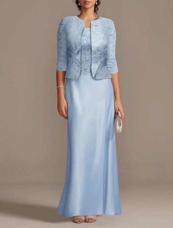 Sheath / Column Mother of the Bride Dress Wedding Guest Elegant Scoop Neck Floor Length Polyester 3/4 Length Sleeve Short Jacket Dresses with Lace Sky Blue