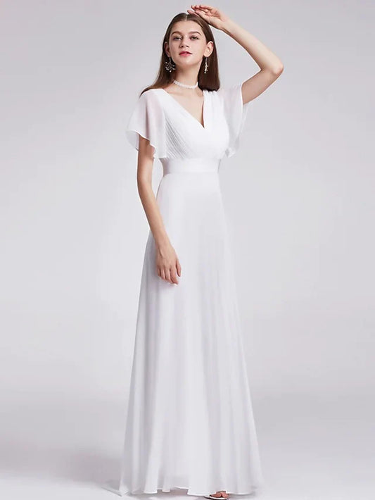 A-Line Wedding Dresses V Neck Floor Length Chiffon Short Sleeve Simple Little White Dress with Draping